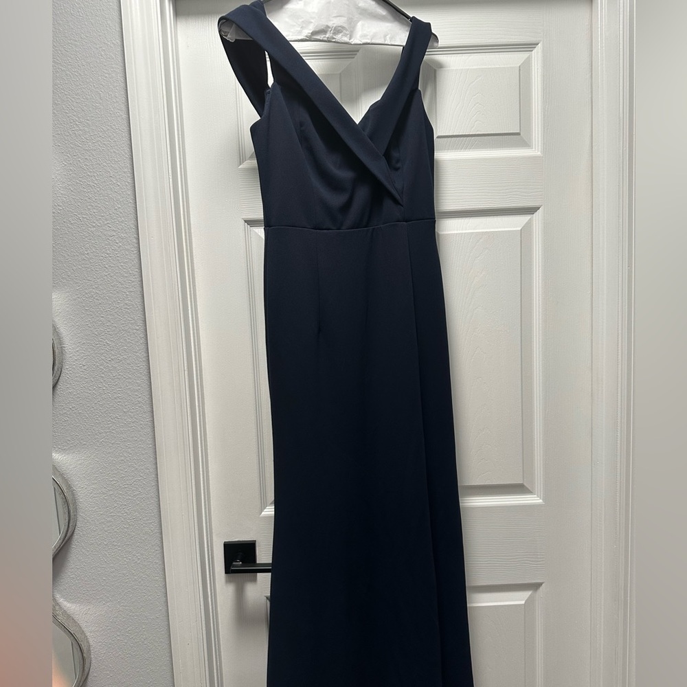 Lulus Off the Shoulder Navy Dress with Slit